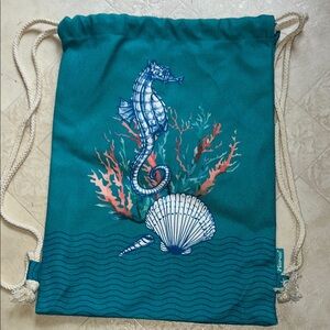 Teal Drawstring Bag with Seahorse Design